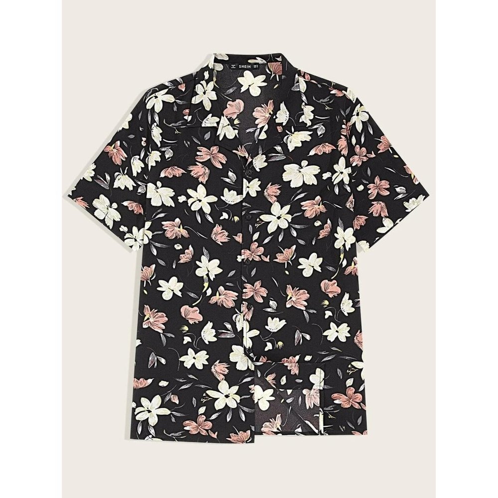 NEW SHEIN Men Notched Collar Floral Print Shirt Size M Color Black